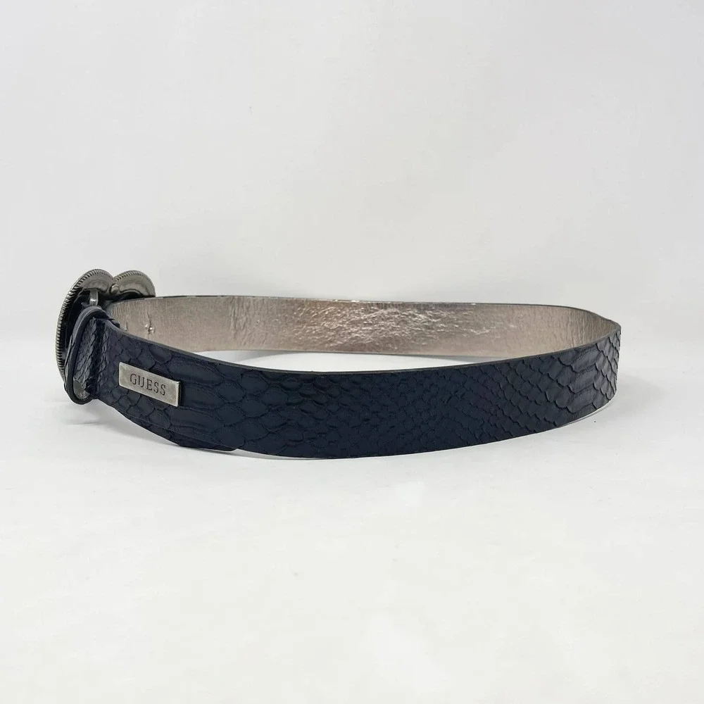 Y2K Guess Belt Wms Medium Heart Cross Silver Rhinestone Buckle Black Embossed